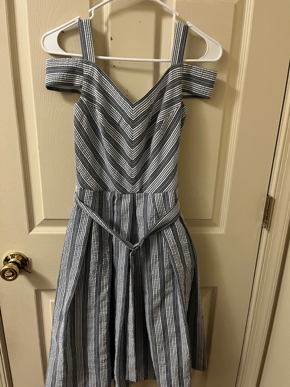 White House Black Market Navy & White Striped Off-Shoulder Midi Dress